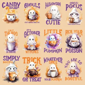 11 Cute Ghost With Coffee Halloween Designs Bundle PNG