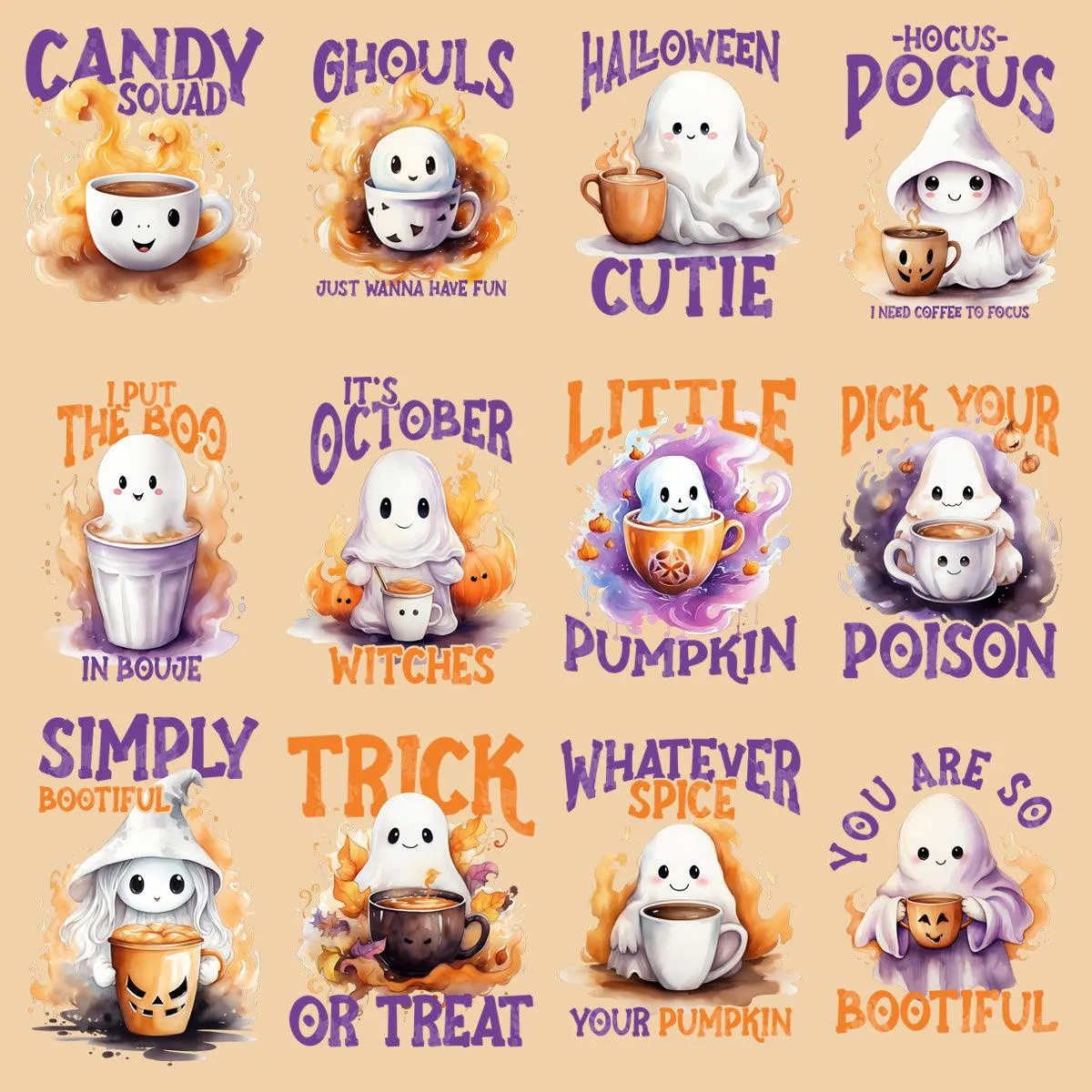 11 Cute Ghost With Coffee Halloween Designs Bundle PNG