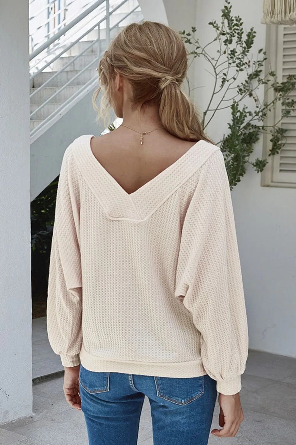 Boho Boat Neck Waffle Knit Lantern Sleeve Blouse with Pocket