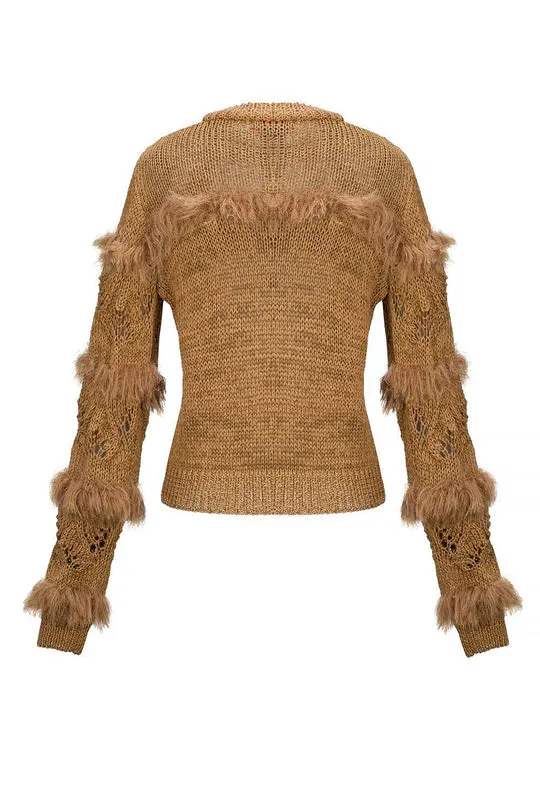 Brown Ruffled Silk-Blend Knit Cardigan
