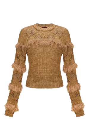 Brown Ruffled Silk-Blend Knit Cardigan