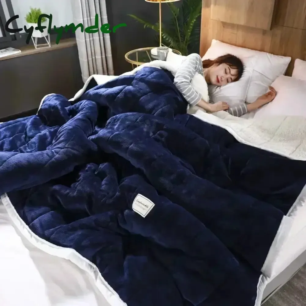 Cyflymder Coral Fleece Autumn Winter Warm Blankets for Bed 3 Layers Thicken Flannel Blanket Quilt Soft Comfortable Warmth Quilts Washable