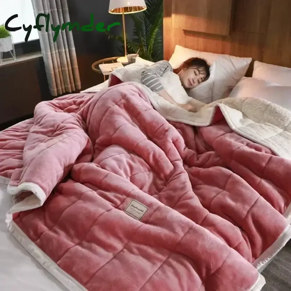 Cyflymder Coral Fleece Autumn Winter Warm Blankets for Bed 3 Layers Thicken Flannel Blanket Quilt Soft Comfortable Warmth Quilts Washable