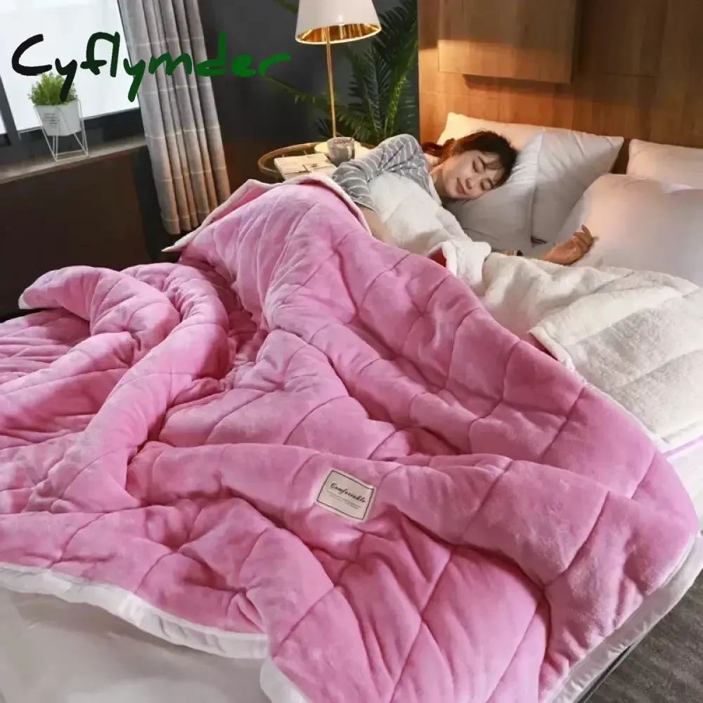 Cyflymder Coral Fleece Autumn Winter Warm Blankets for Bed 3 Layers Thicken Flannel Blanket Quilt Soft Comfortable Warmth Quilts Washable