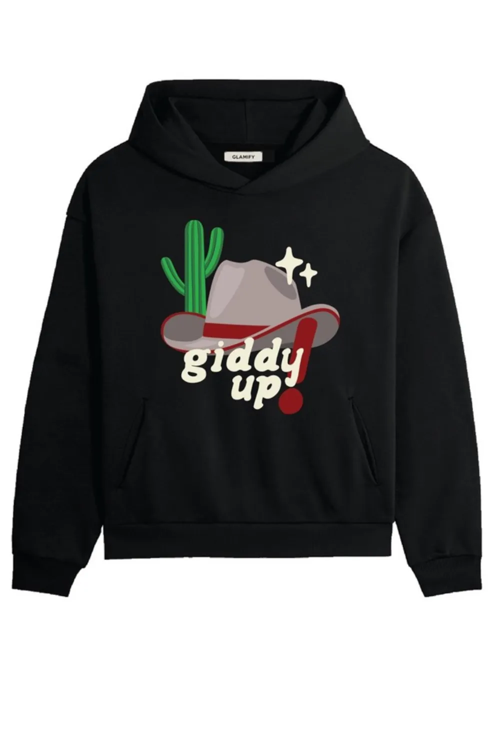 Giddy up black printed premium relaxed hoodie
