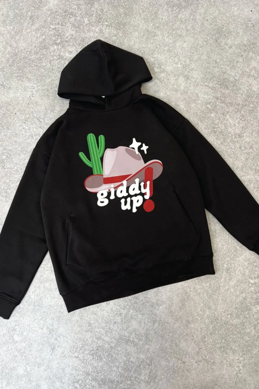 Giddy up black printed premium relaxed hoodie