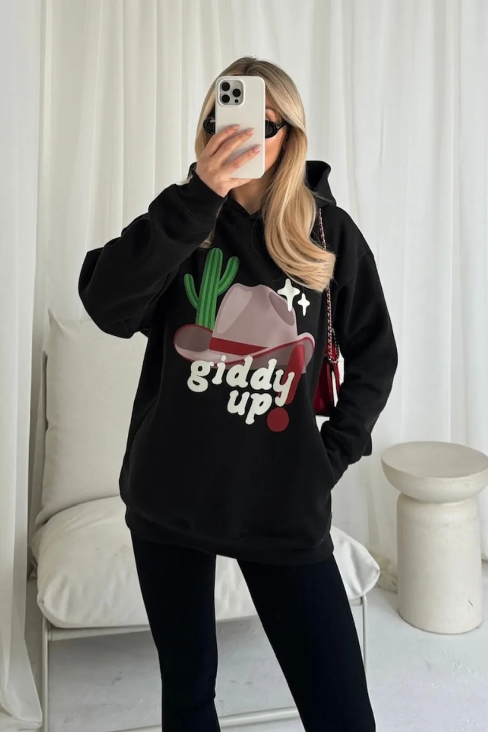 Giddy up black printed premium relaxed hoodie