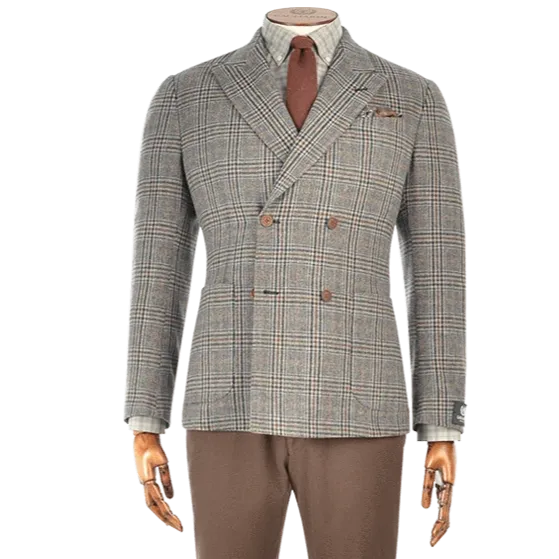Grey Burgundy & Navy Double Breasted Prince of Wales Wool Jacket