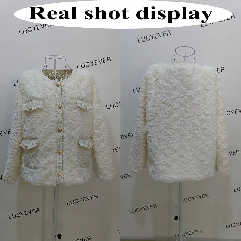 Lucyever Korean Fashion Lamb Wool Coats Women Streetwear O-Neck Faux Fur Jackets Woman 2022 Autumn Winter Thick Warm Plush Coat