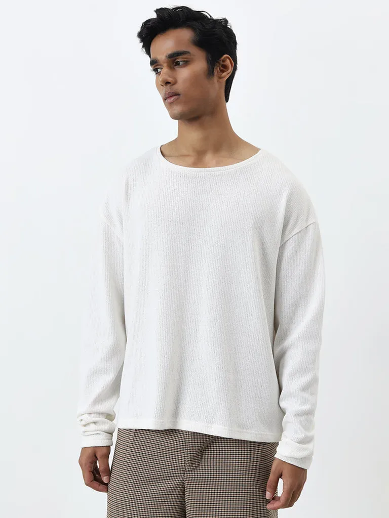 Nuon Off-White Textured Relaxed-Fit Cotton Blend Sweater