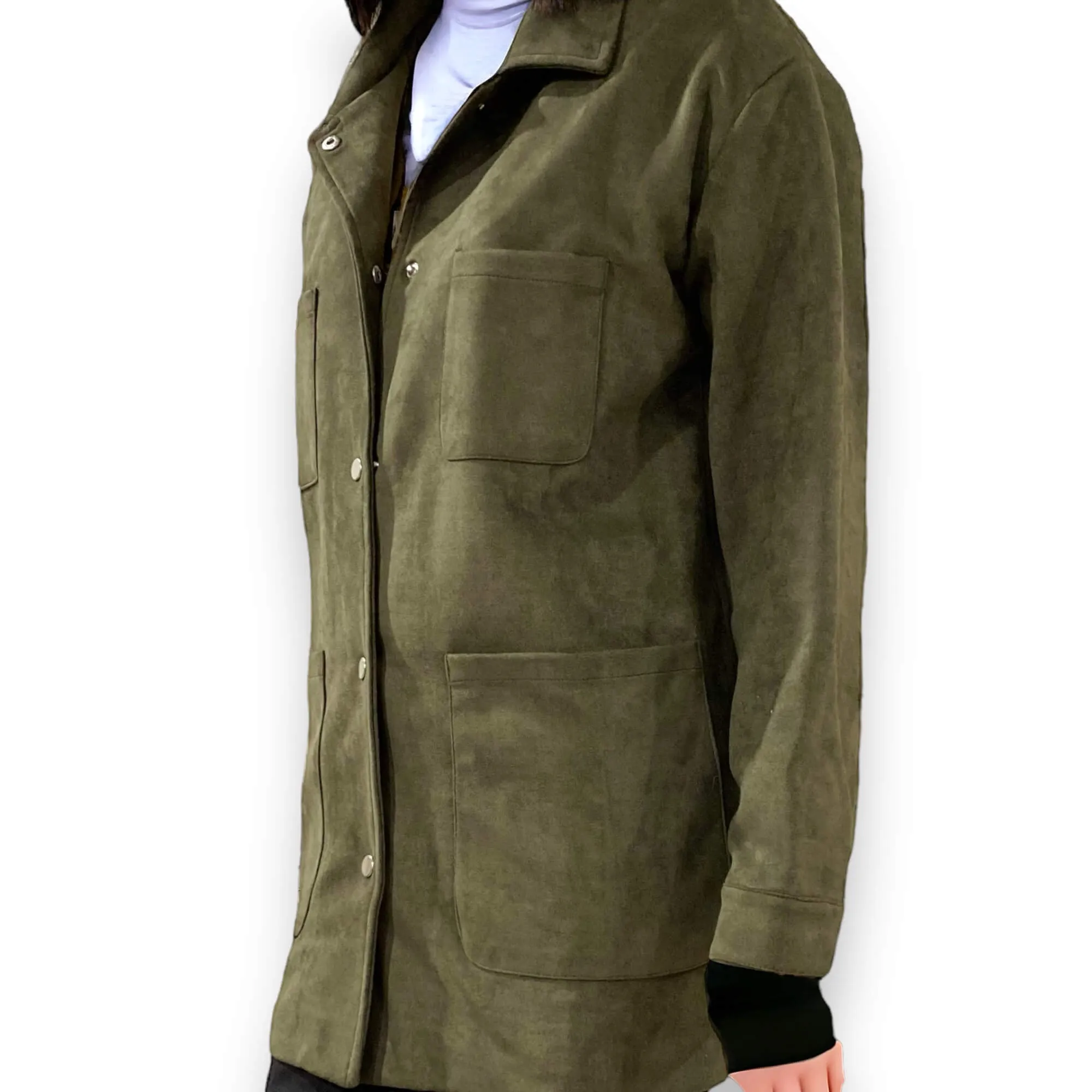 Olive Green Suede Mid Length Utility Jacket
