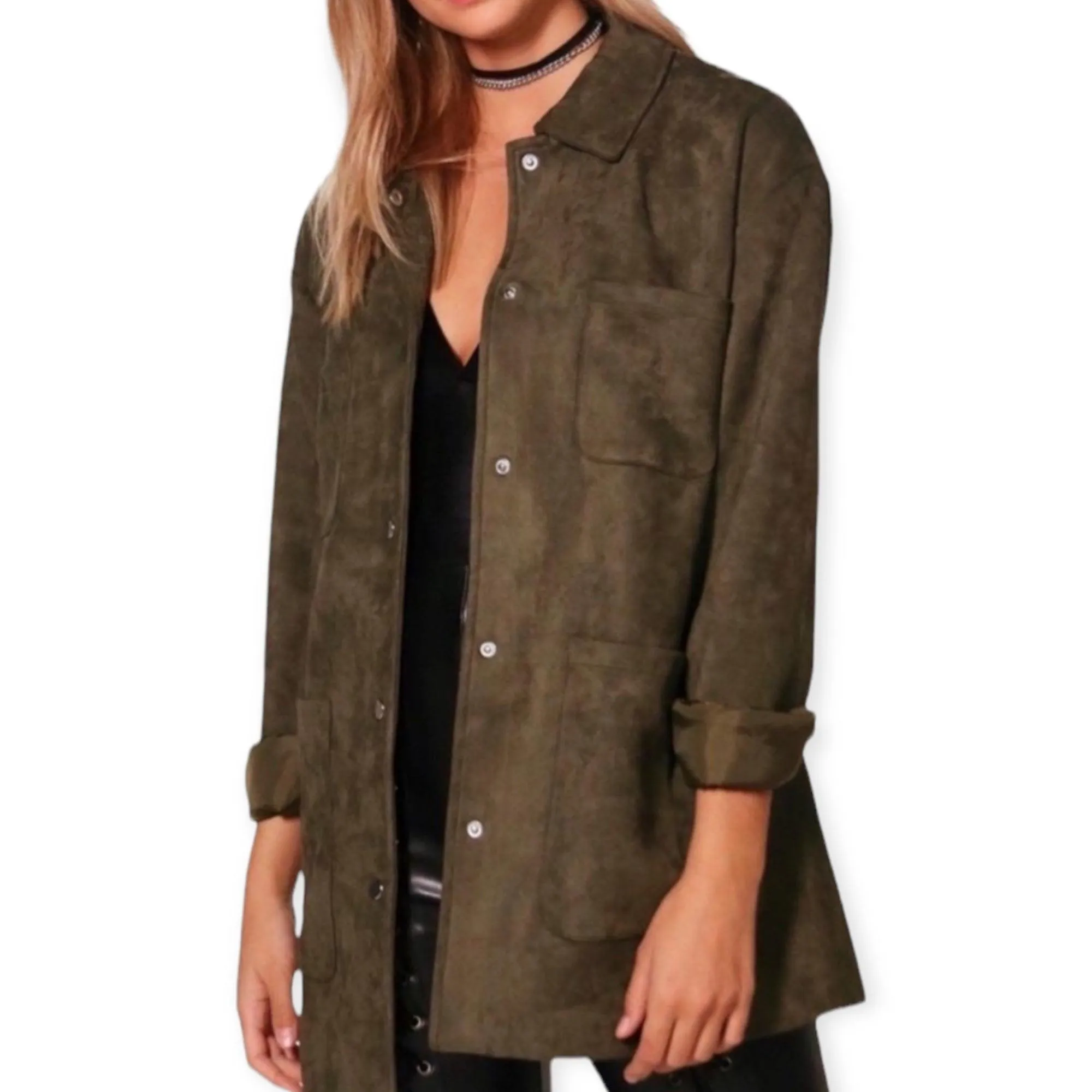 Olive Green Suede Mid Length Utility Jacket