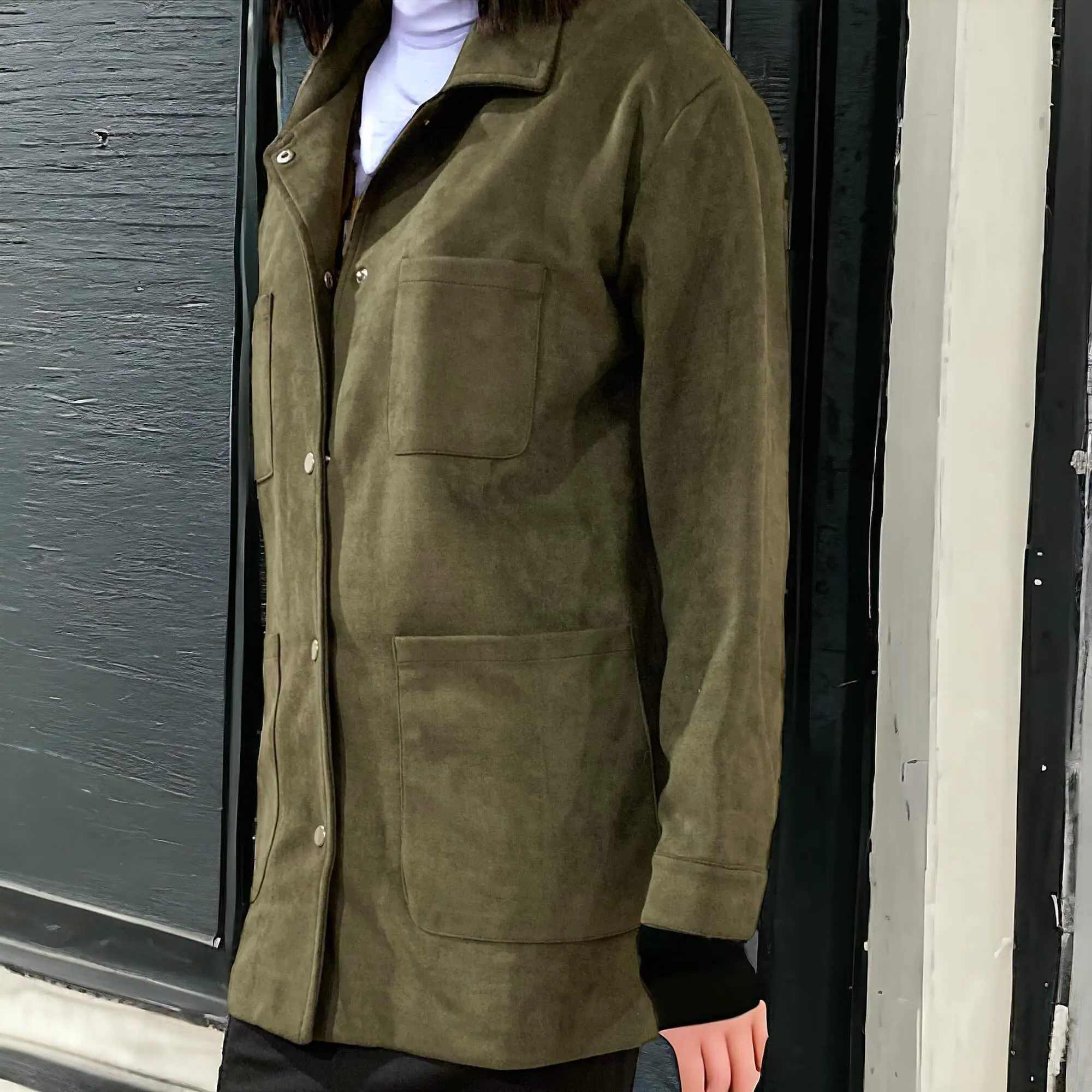 Olive Green Suede Mid Length Utility Jacket