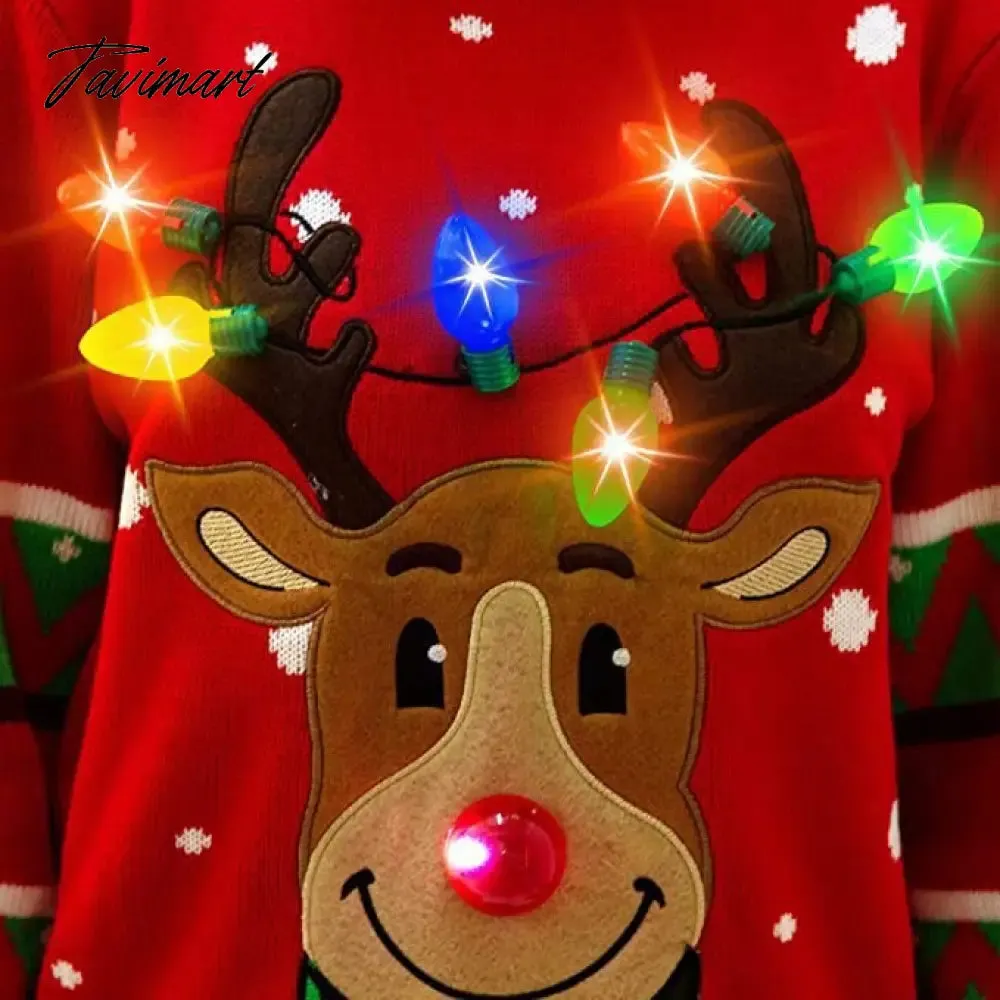 Tavimart LED Light Sweater with Elk Women Winter Thic Warm Sweaters Full Sleeve O-neck Jumper Knitted Black Xmas Clothes New Year