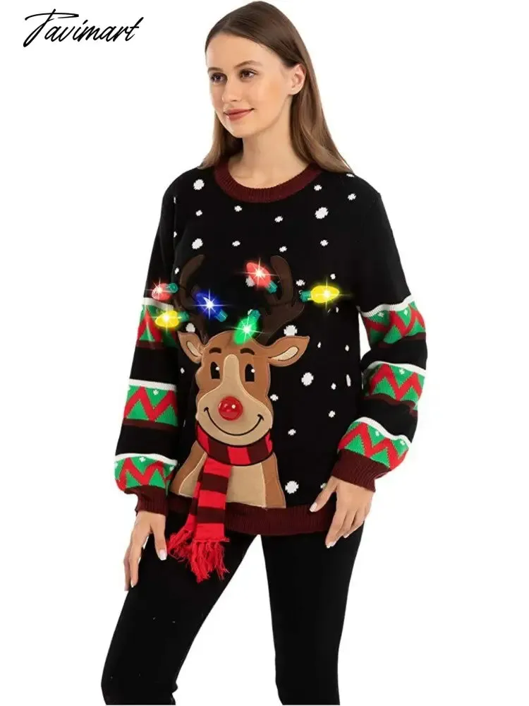 Tavimart LED Light Sweater with Elk Women Winter Thic Warm Sweaters Full Sleeve O-neck Jumper Knitted Black Xmas Clothes New Year