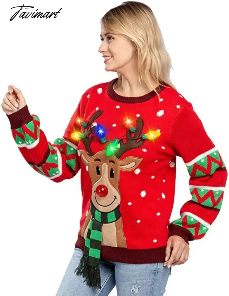 Tavimart LED Light Sweater with Elk Women Winter Thic Warm Sweaters Full Sleeve O-neck Jumper Knitted Black Xmas Clothes New Year