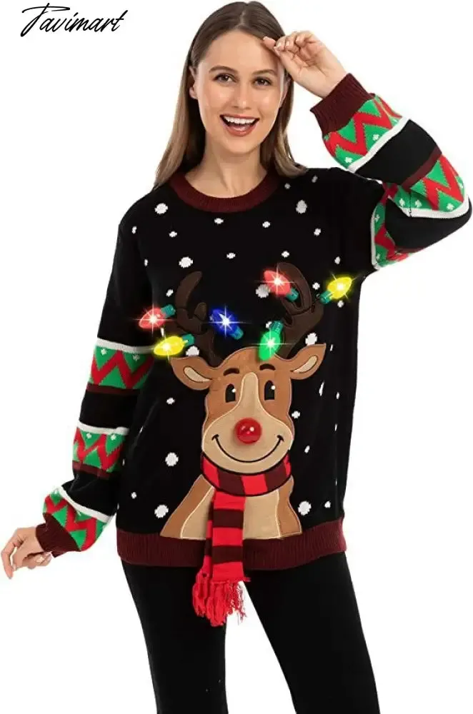 Tavimart LED Light Sweater with Elk Women Winter Thic Warm Sweaters Full Sleeve O-neck Jumper Knitted Black Xmas Clothes New Year