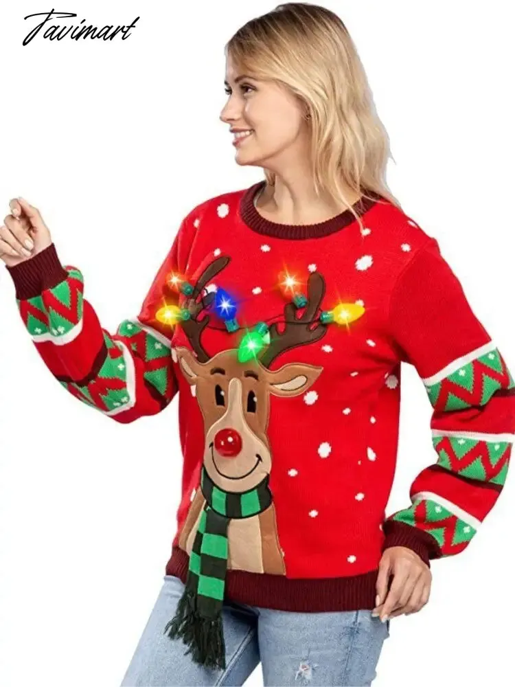 Tavimart LED Light Sweater with Elk Women Winter Thic Warm Sweaters Full Sleeve O-neck Jumper Knitted Black Xmas Clothes New Year
