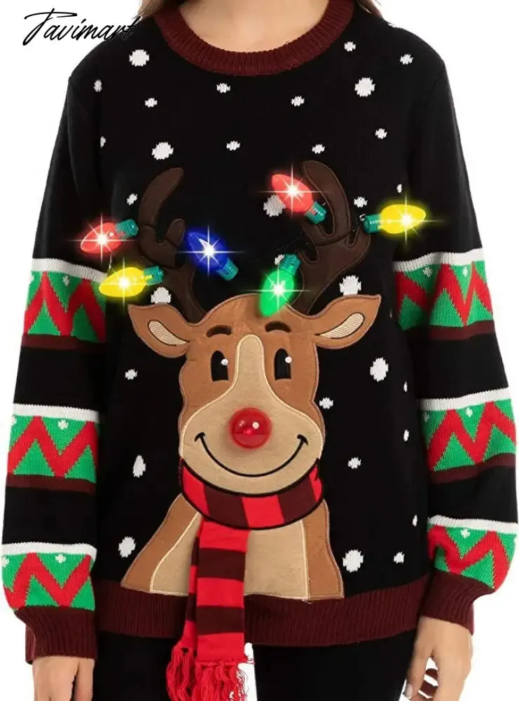 Tavimart LED Light Sweater with Elk Women Winter Thic Warm Sweaters Full Sleeve O-neck Jumper Knitted Black Xmas Clothes New Year