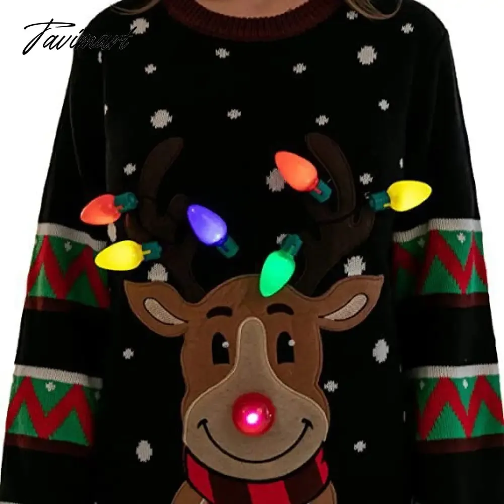 Tavimart LED Light Sweater with Elk Women Winter Thic Warm Sweaters Full Sleeve O-neck Jumper Knitted Black Xmas Clothes New Year