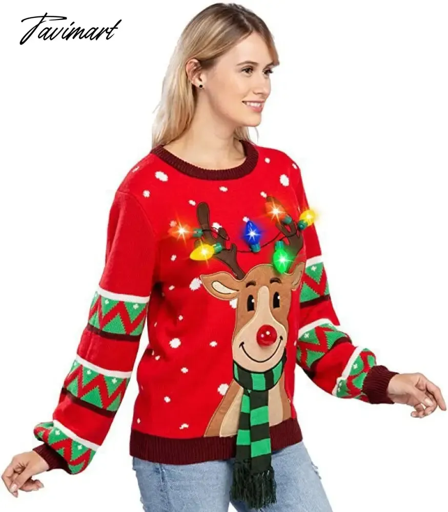 Tavimart LED Light Sweater with Elk Women Winter Thic Warm Sweaters Full Sleeve O-neck Jumper Knitted Black Xmas Clothes New Year