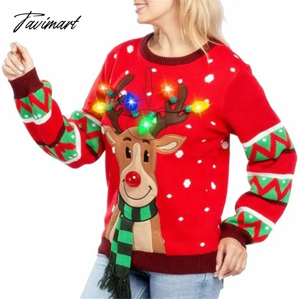 Tavimart LED Light Sweater with Elk Women Winter Thic Warm Sweaters Full Sleeve O-neck Jumper Knitted Black Xmas Clothes New Year