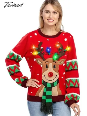 Tavimart LED Light Sweater with Elk Women Winter Thic Warm Sweaters Full Sleeve O-neck Jumper Knitted Black Xmas Clothes New Year