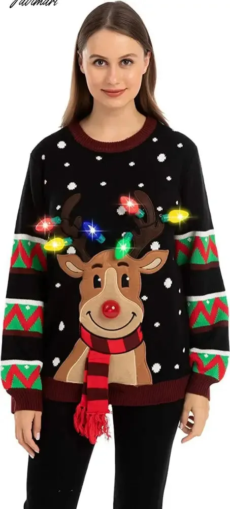 Tavimart LED Light Sweater with Elk Women Winter Thic Warm Sweaters Full Sleeve O-neck Jumper Knitted Black Xmas Clothes New Year