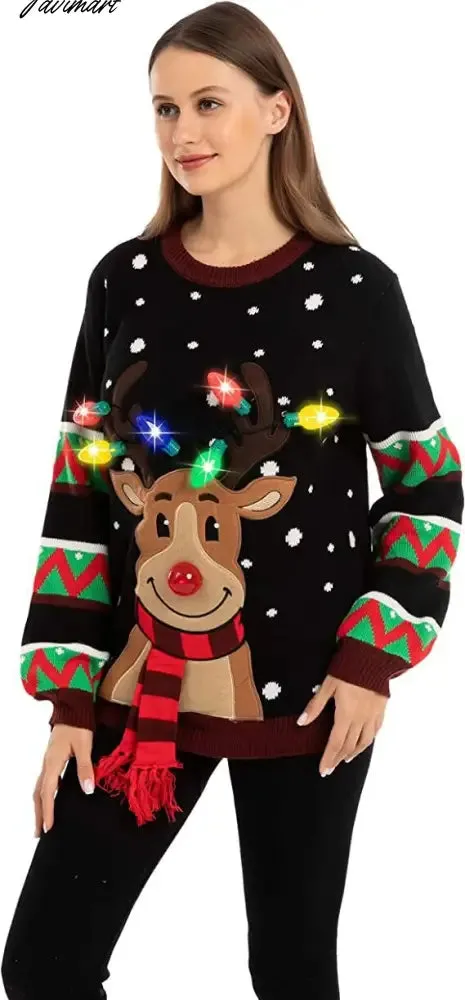 Tavimart LED Light Sweater with Elk Women Winter Thic Warm Sweaters Full Sleeve O-neck Jumper Knitted Black Xmas Clothes New Year