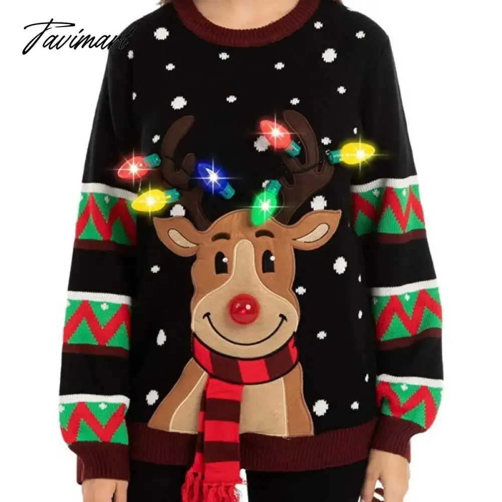 Tavimart LED Light Sweater with Elk Women Winter Thic Warm Sweaters Full Sleeve O-neck Jumper Knitted Black Xmas Clothes New Year