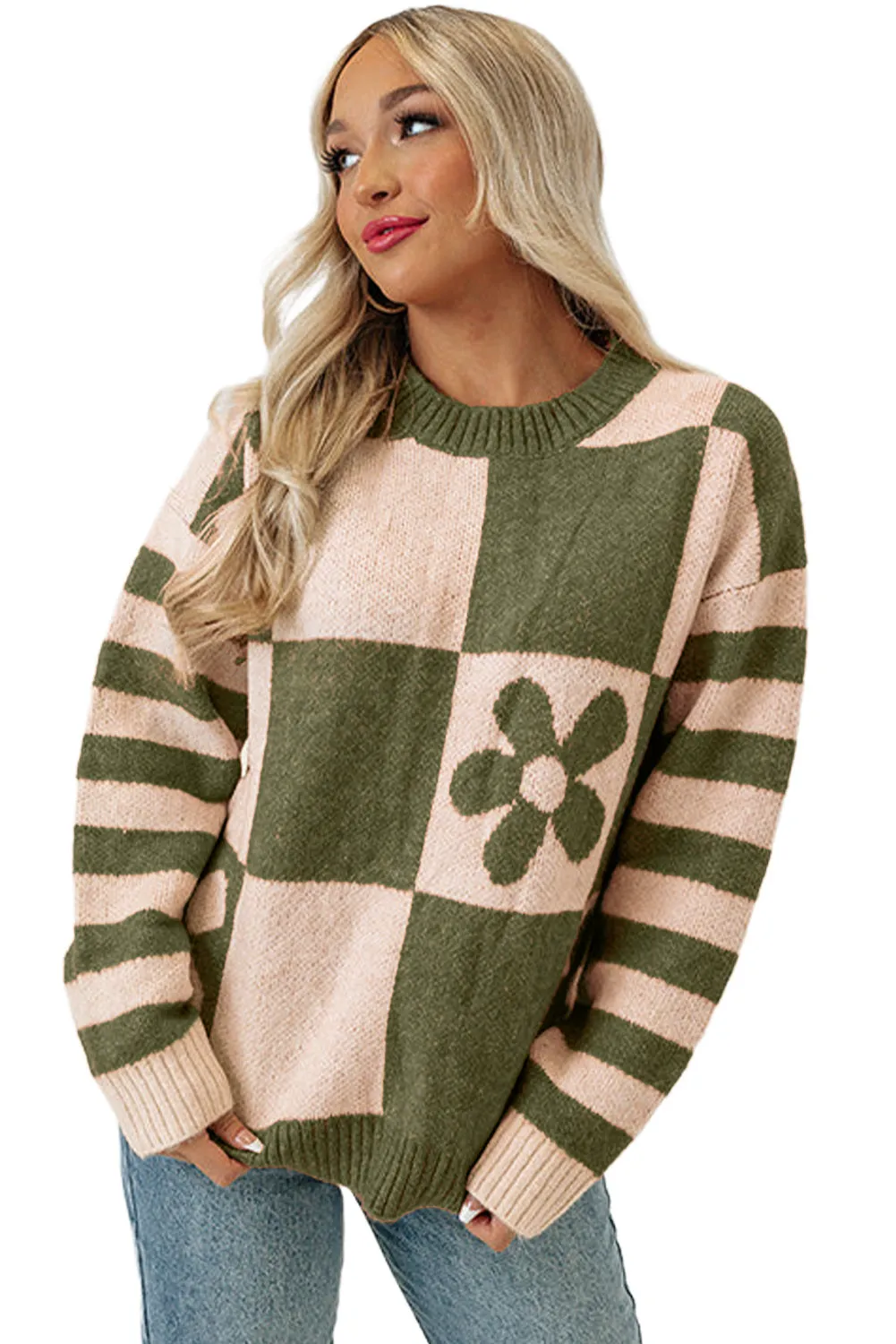 Women's Checkered Floral Print Striped Sleeve Sweater Pullover
