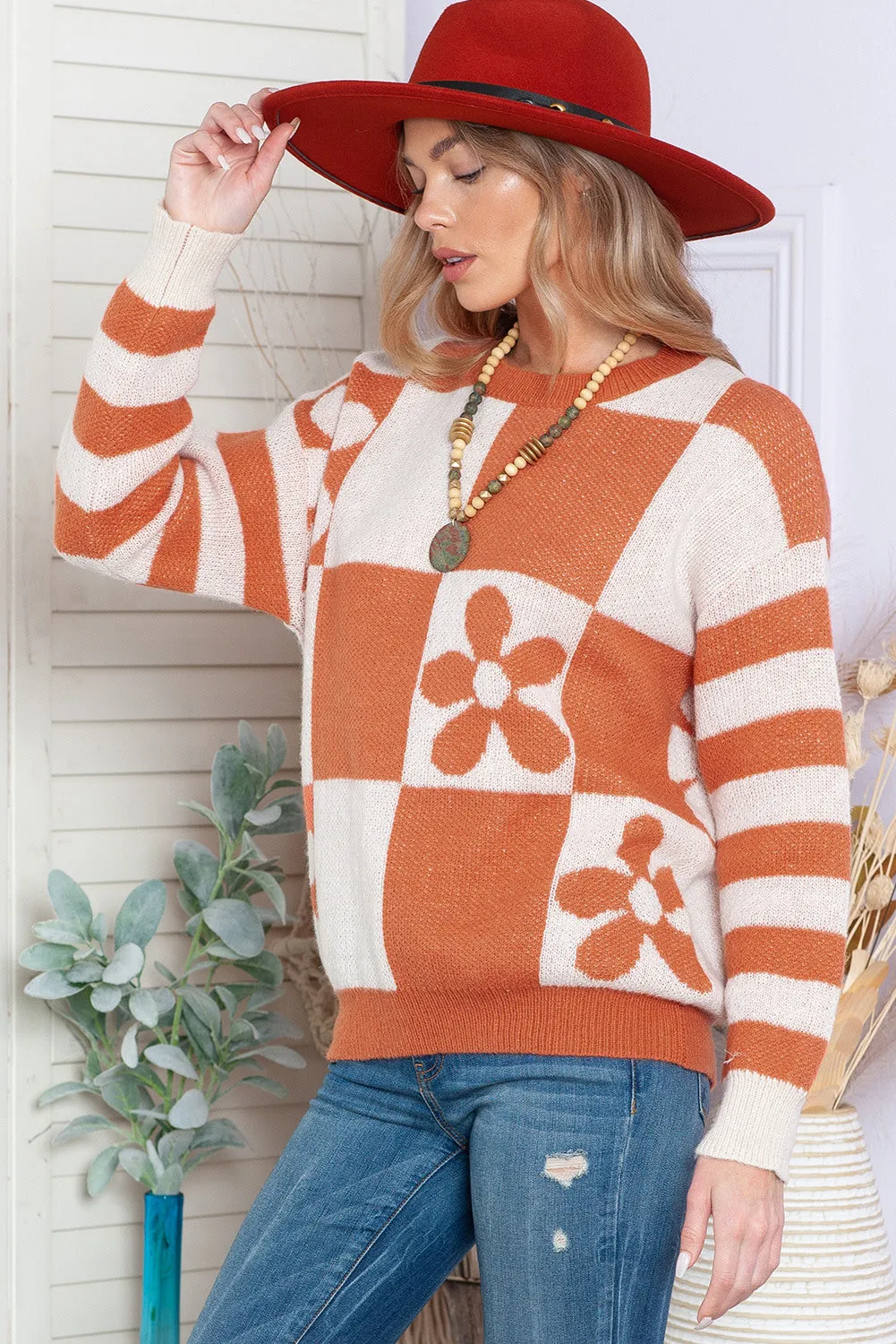 Women's Checkered Floral Print Striped Sleeve Sweater Pullover