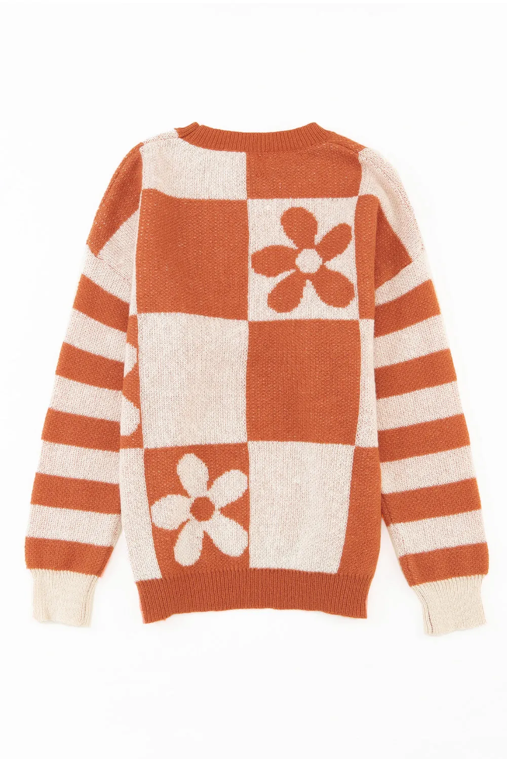 Women's Checkered Floral Print Striped Sleeve Sweater Pullover