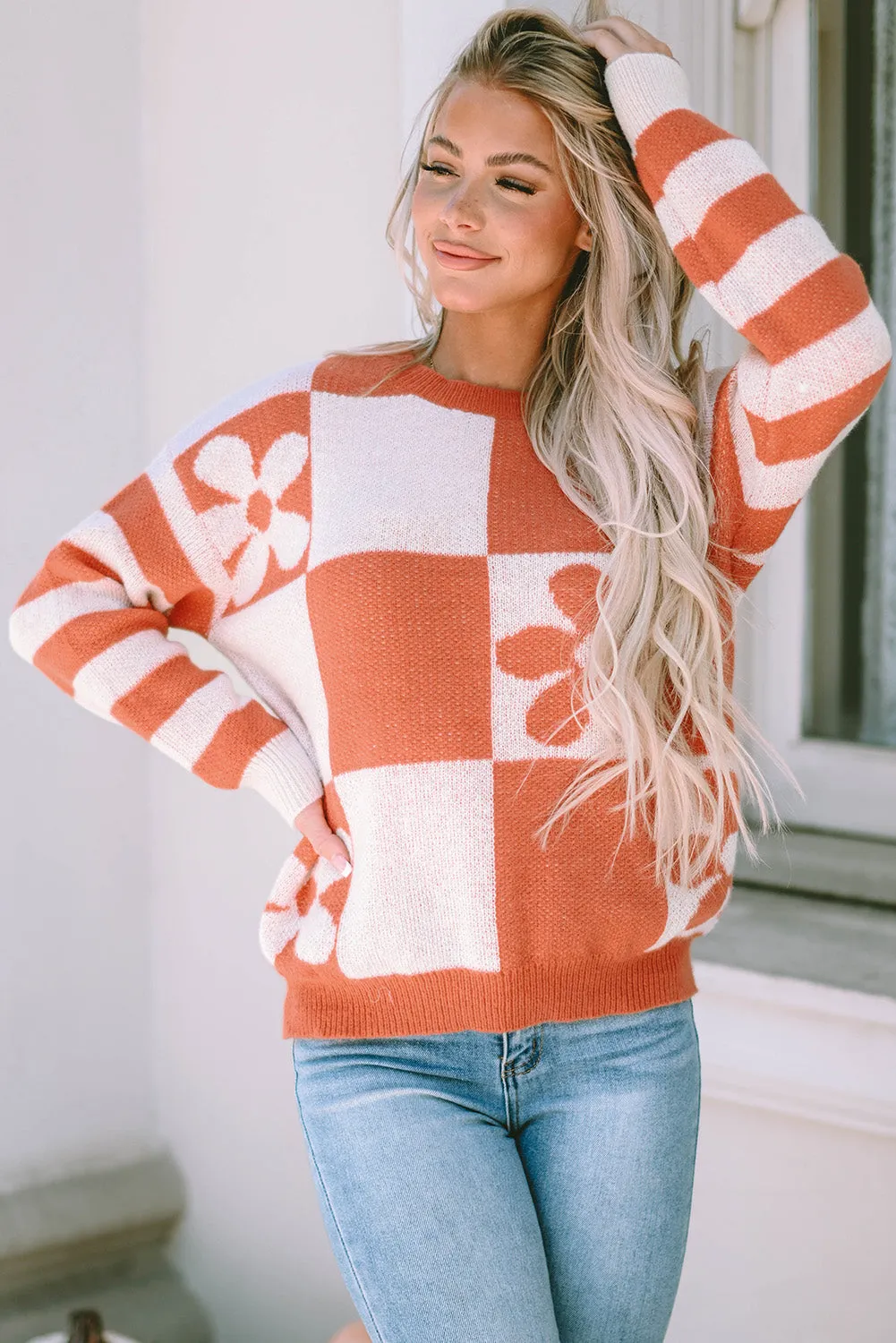 Women's Checkered Floral Print Striped Sleeve Sweater Pullover