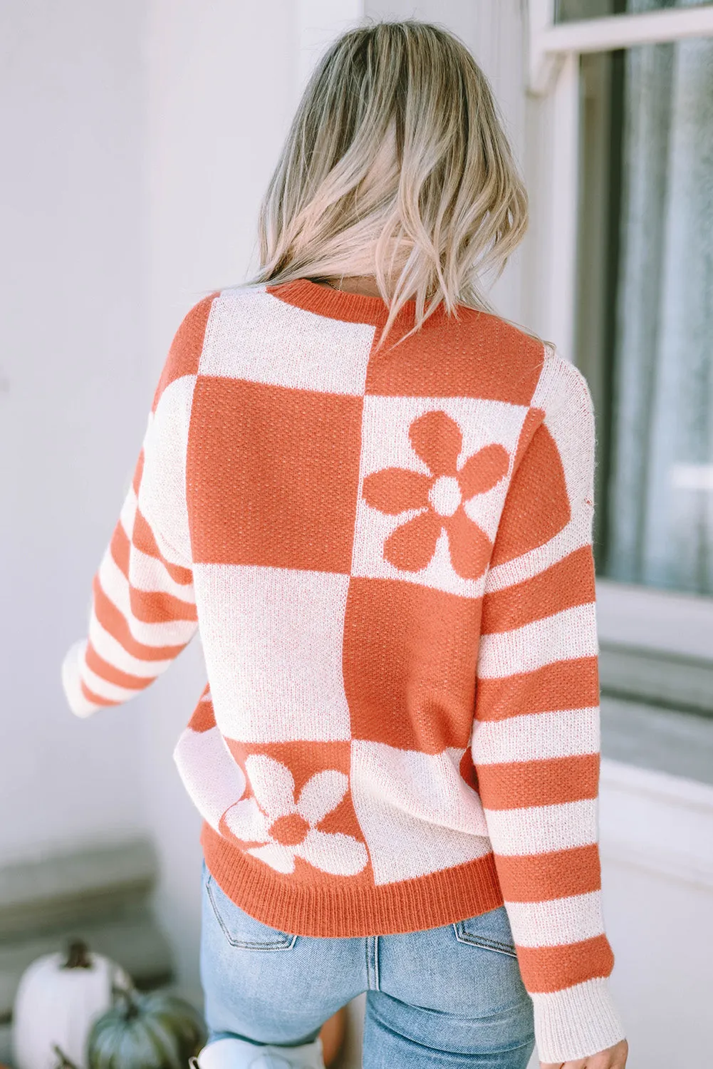 Women's Checkered Floral Print Striped Sleeve Sweater Pullover