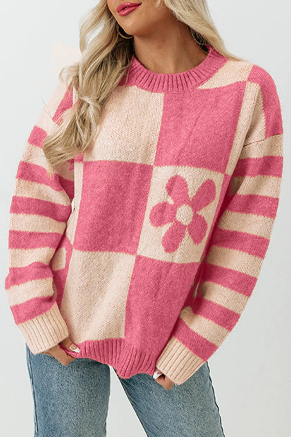 Women's Checkered Floral Print Striped Sleeve Sweater Pullover