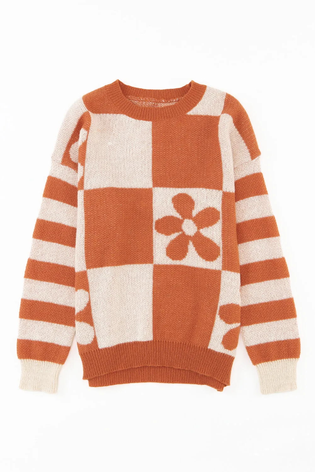 Women's Checkered Floral Print Striped Sleeve Sweater Pullover