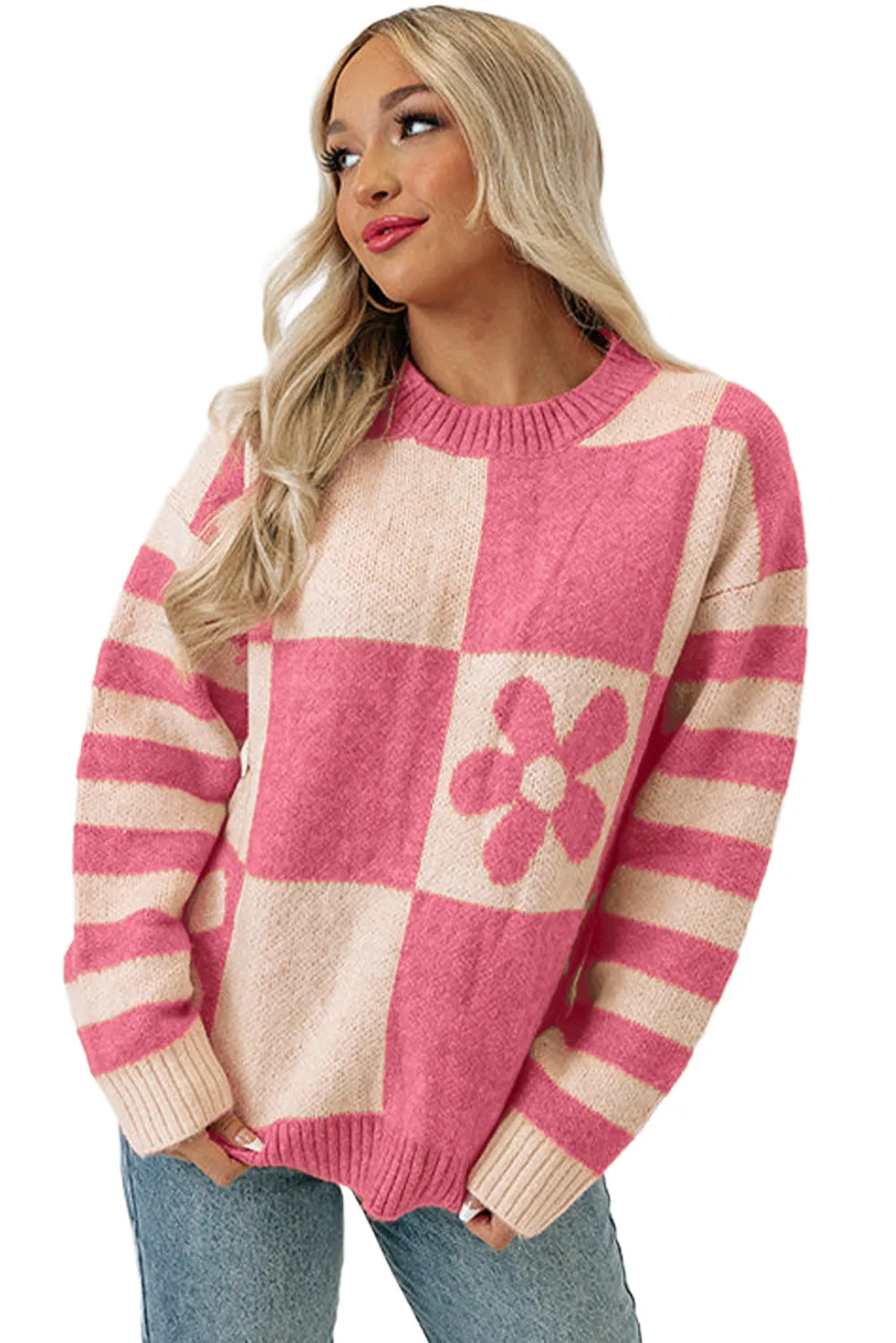 Women's Checkered Floral Print Striped Sleeve Sweater Pullover