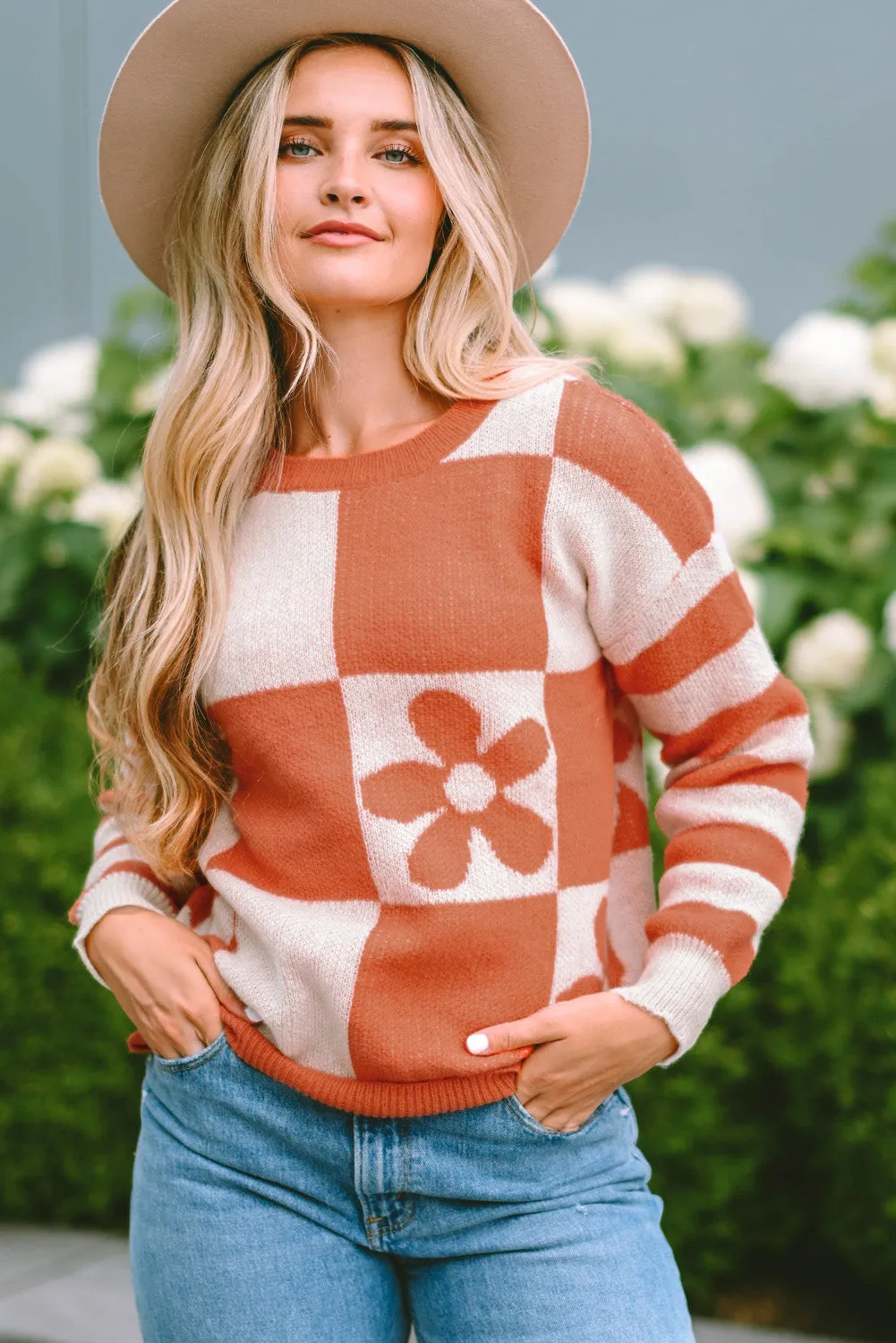 Women's Checkered Floral Print Striped Sleeve Sweater Pullover