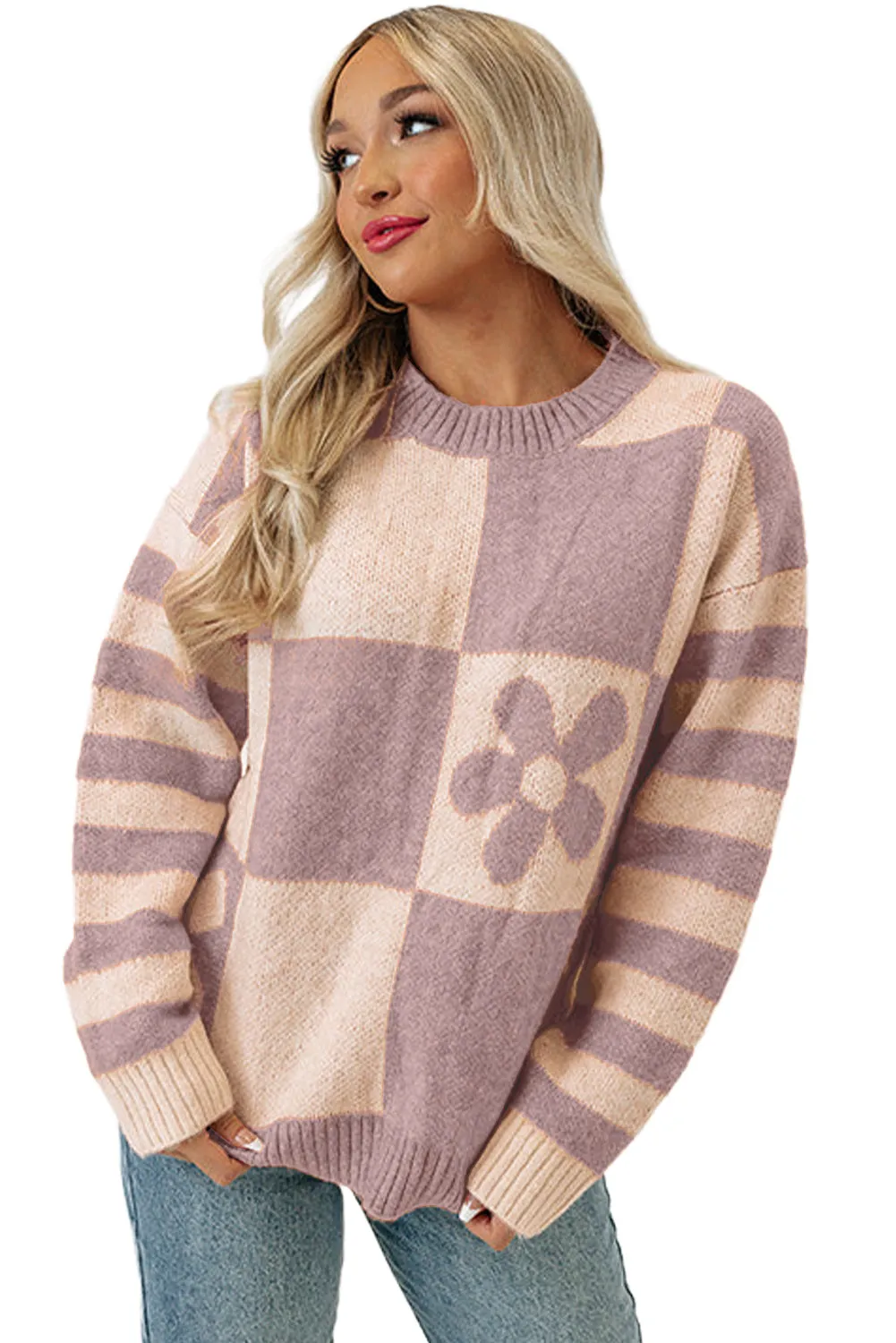 Women's Checkered Floral Print Striped Sleeve Sweater Pullover