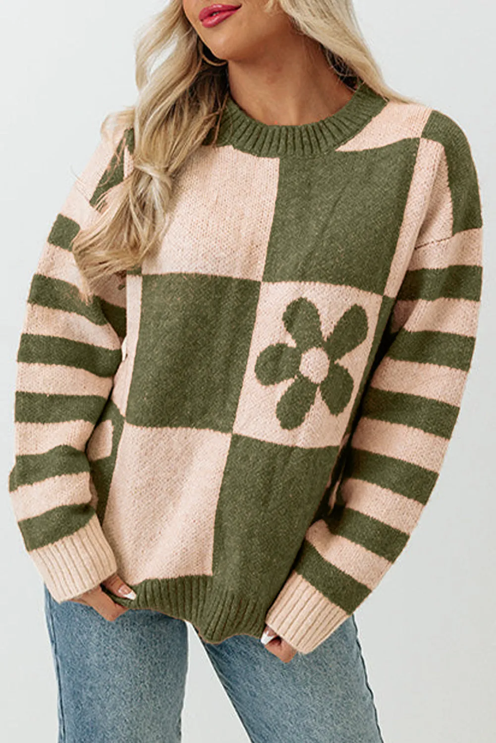 Women's Checkered Floral Print Striped Sleeve Sweater Pullover