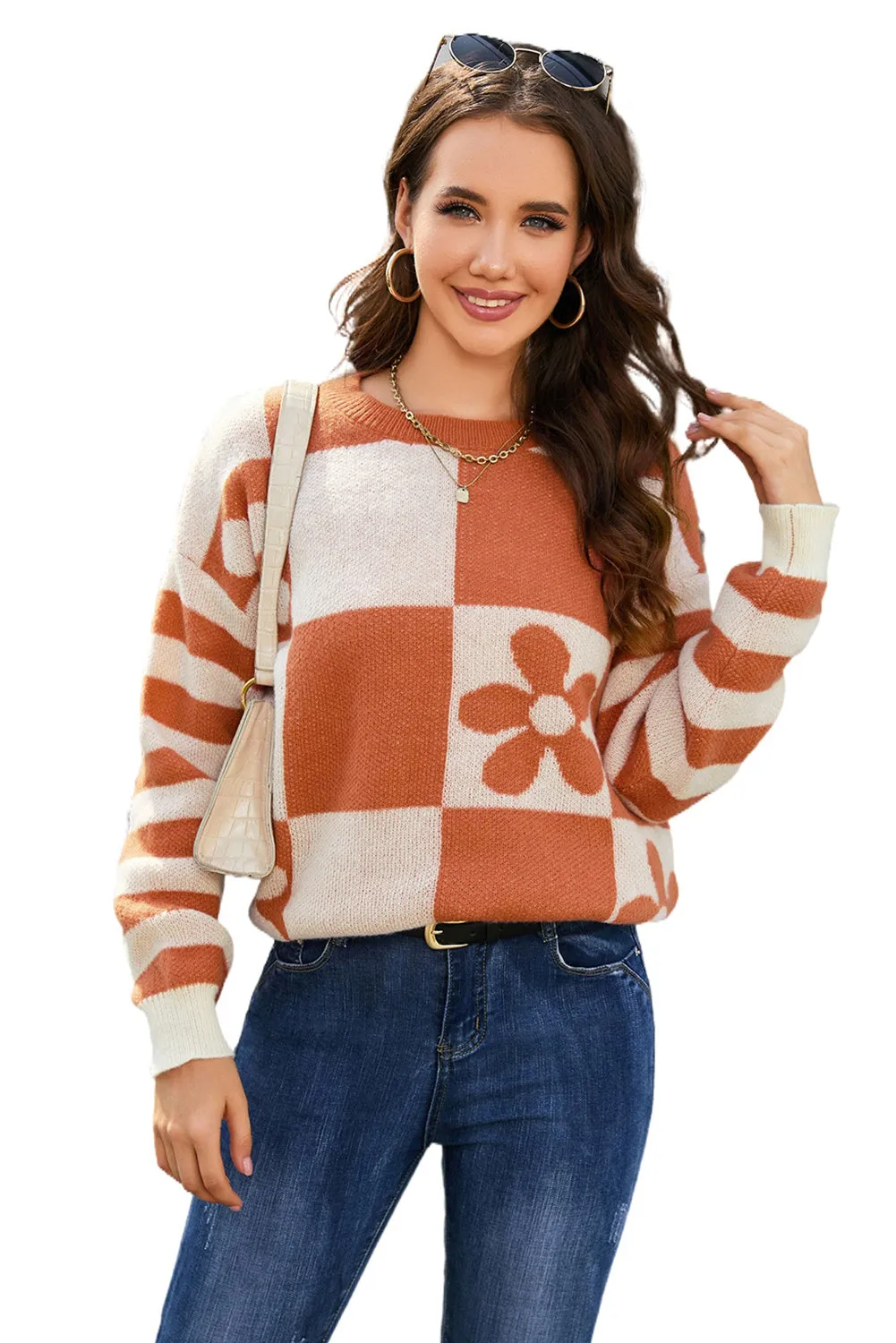 Women's Checkered Floral Print Striped Sleeve Sweater Pullover