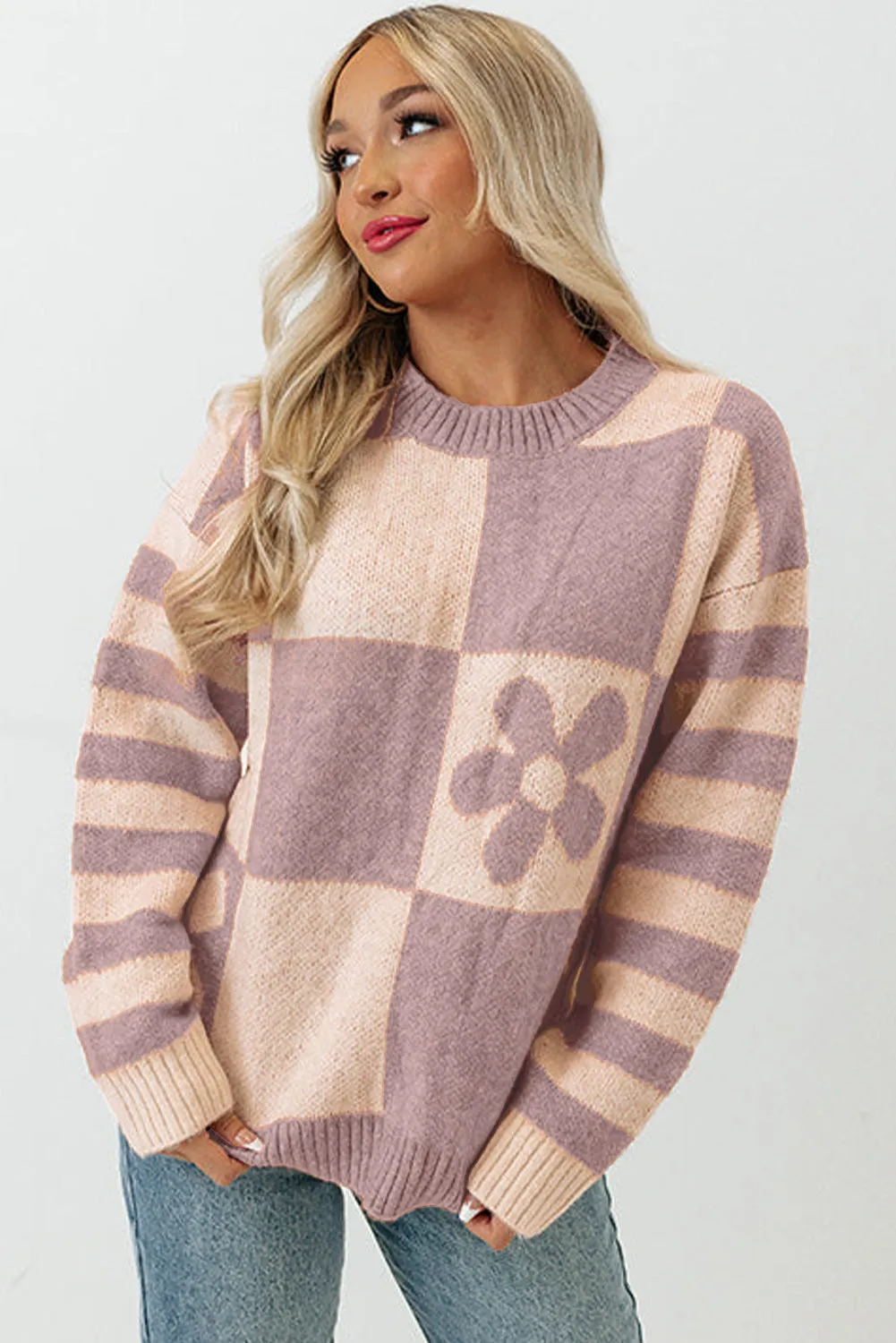 Women's Checkered Floral Print Striped Sleeve Sweater Pullover