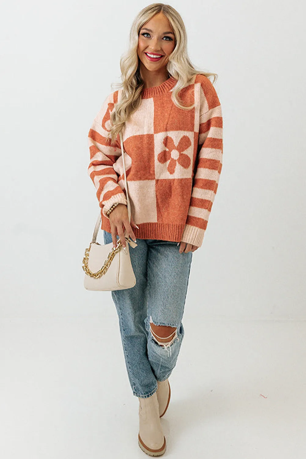 Women's Checkered Floral Print Striped Sleeve Sweater Pullover
