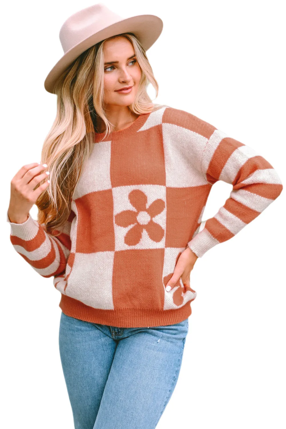Women's Checkered Floral Print Striped Sleeve Sweater Pullover