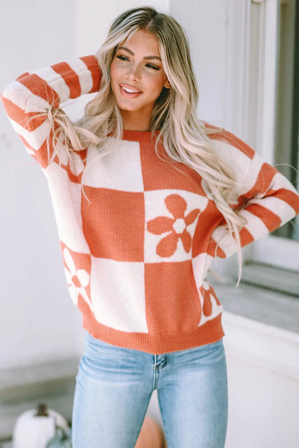 Women's Checkered Floral Print Striped Sleeve Sweater Pullover