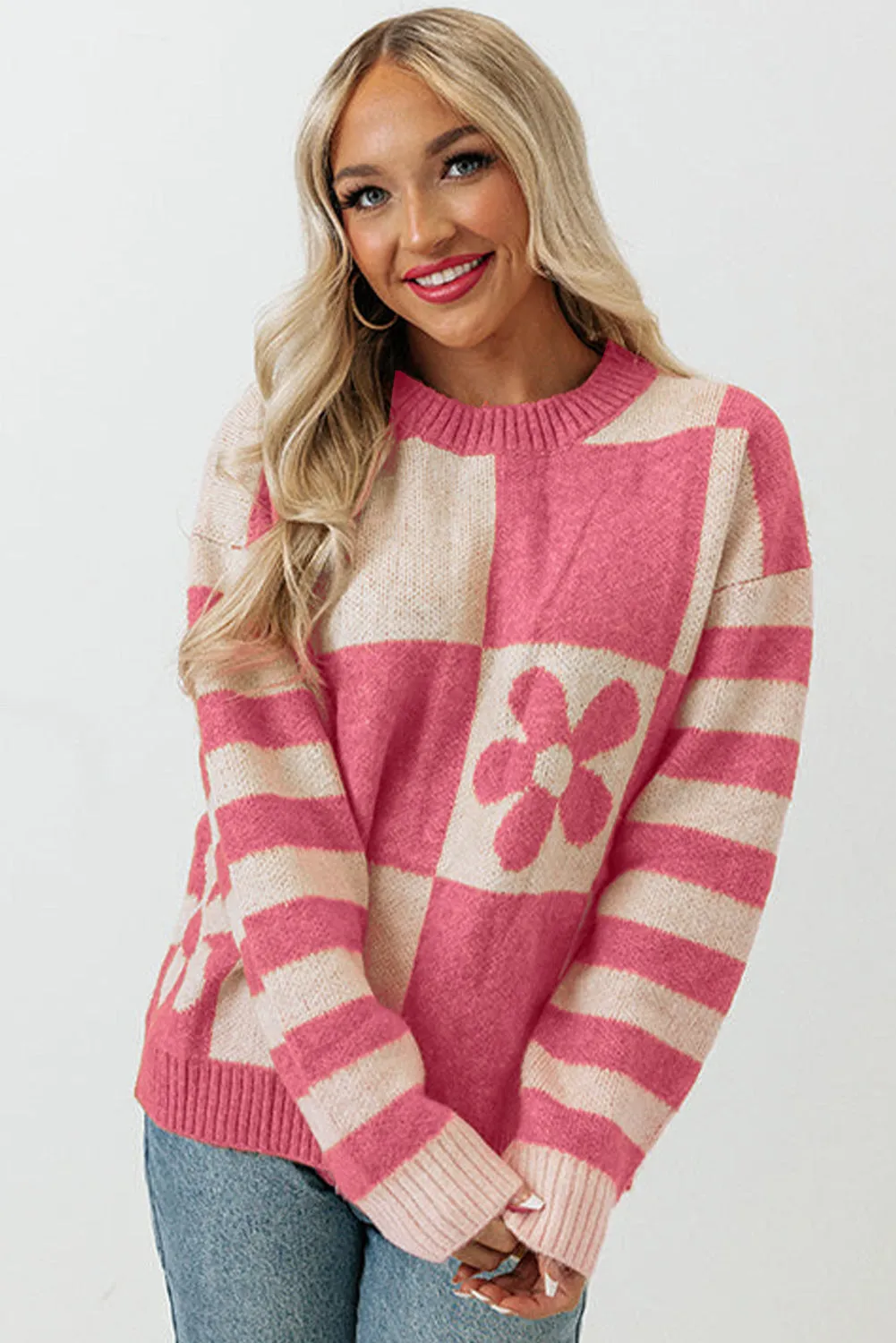 Women's Checkered Floral Print Striped Sleeve Sweater Pullover