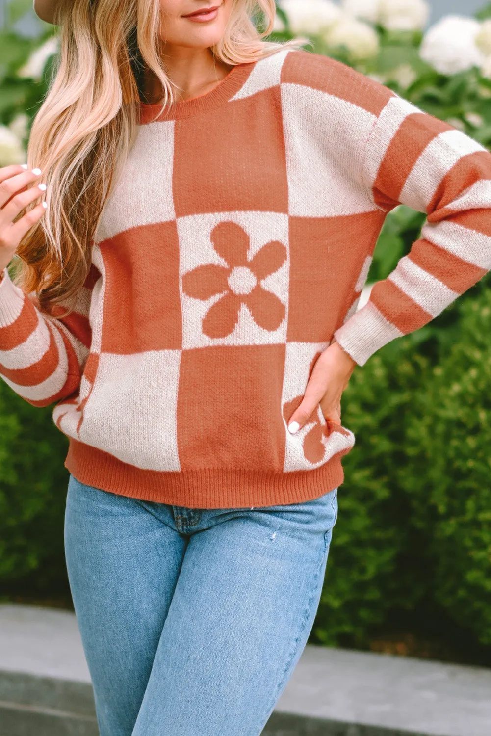 Women's Checkered Floral Print Striped Sleeve Sweater Pullover