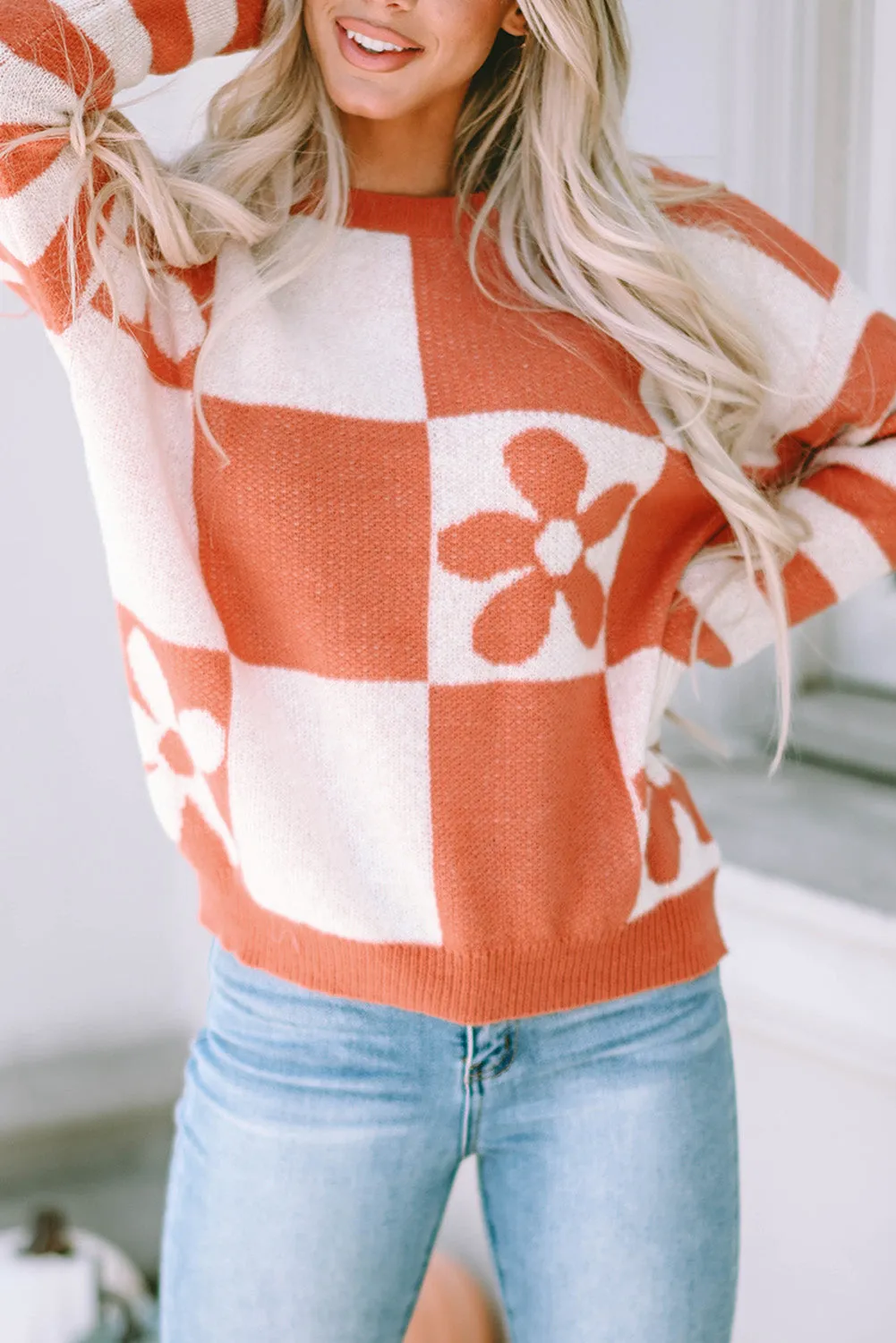 Women's Checkered Floral Print Striped Sleeve Sweater Pullover