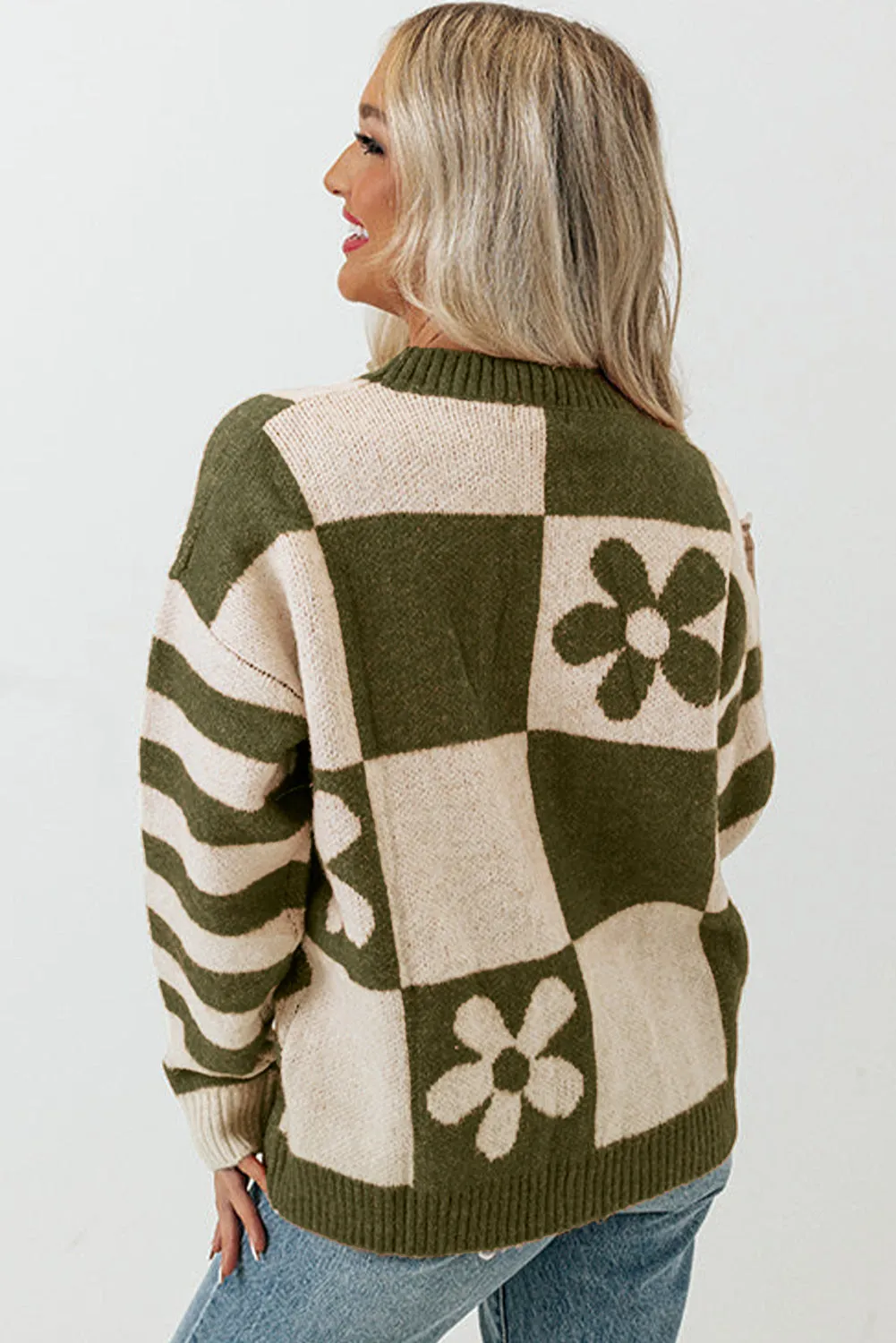 Women's Checkered Floral Print Striped Sleeve Sweater Pullover